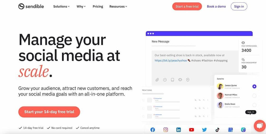 Image 4: sendible homepage with a preview of the text compose window and text that reads manage your social media at scale