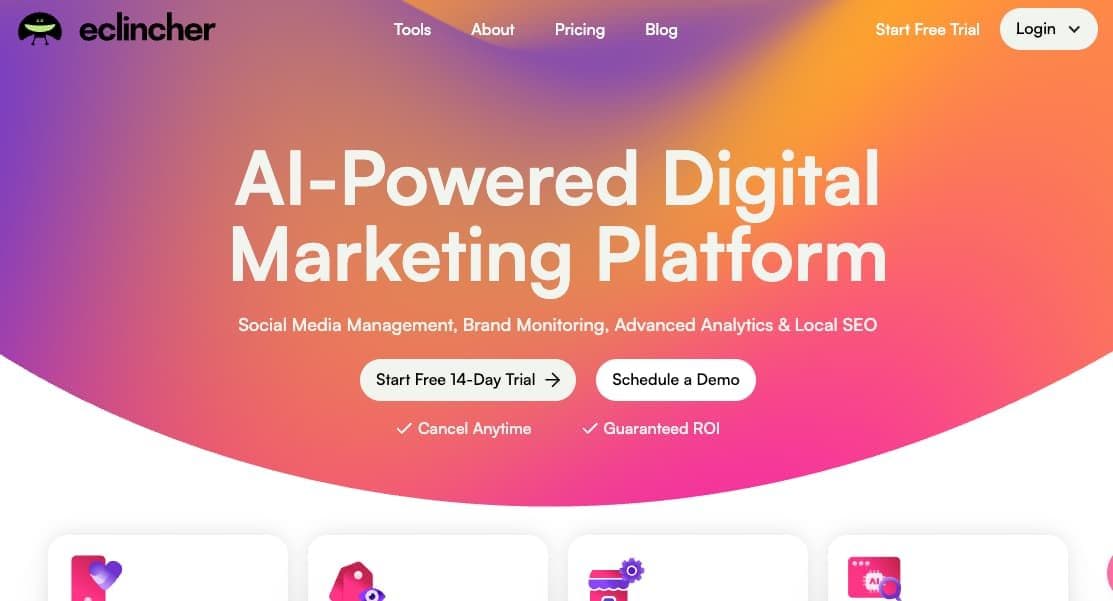 Image 11: eClincher homepage with an aerial view of a team working together on a desk with laptops and tablets and text that reads best social media and online presence management platform