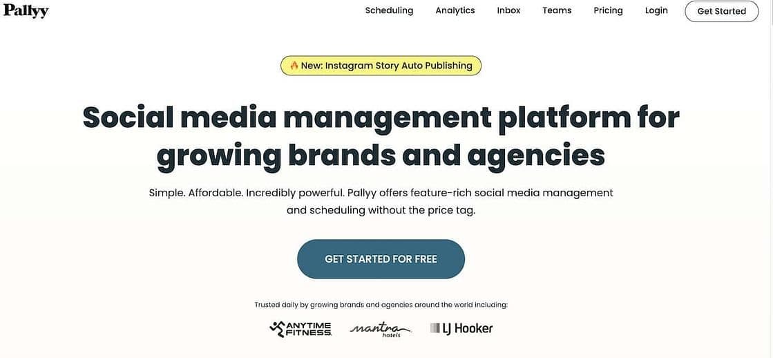 Image 5: pallyy homepage with text that reads social media management platform for growing brands and agencies