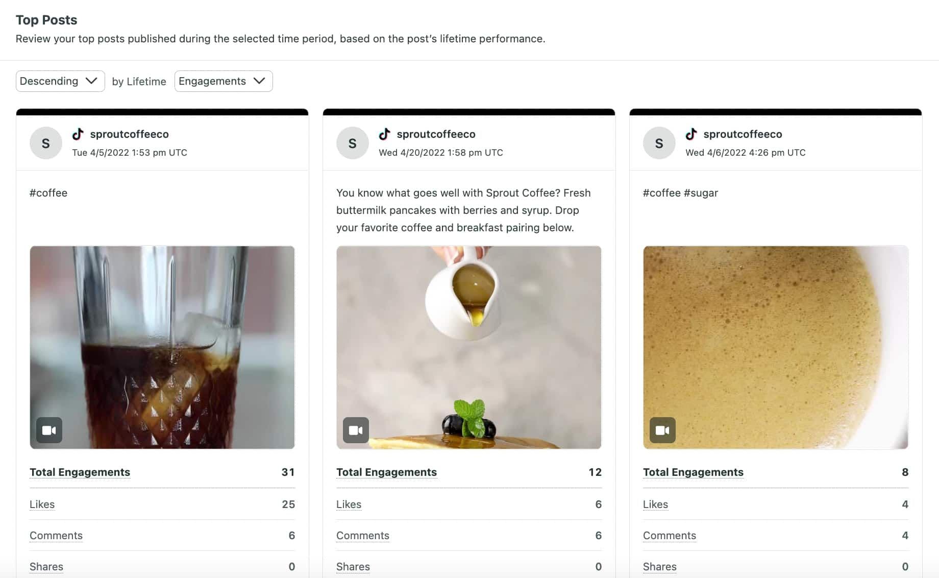 Image 4: Screen Shot of Top Posts in TikTok Profiles Report