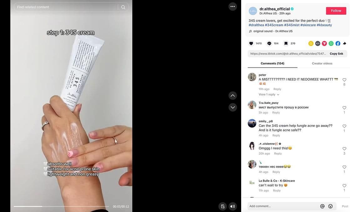 Image 7: Dr. Althea TikTok video showing one hand holding the brands product and another hand applying the product and text overlay that highlights the steps and benefits