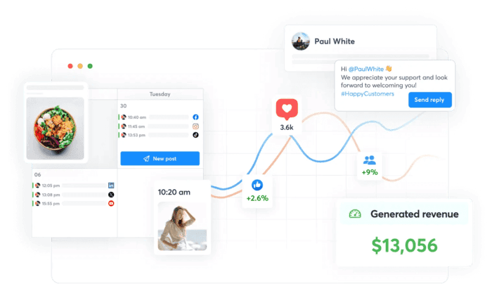 Image 4: Sprout Social alternative Agorapulse displays a publishing calendar with scheduled posts, a comment reply, engagement metrics, and generate revenue