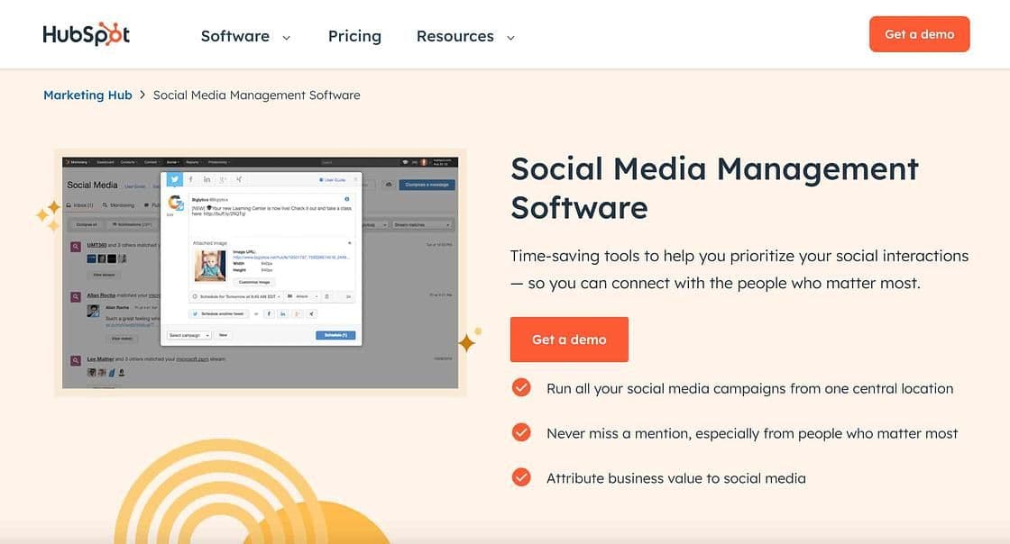 Image 3: hubspot social media management software page with a preview of the tool
