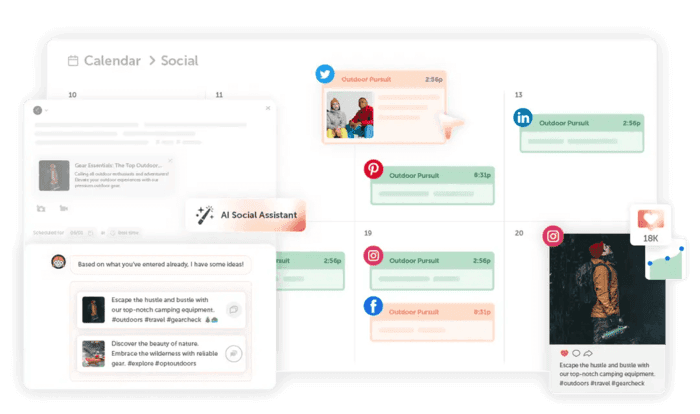 Image 6: Sprout Social alternative CoSchedule shows a social calendar with scheduled posts, an AI Social Assistant suggesting post copy, and a post preview