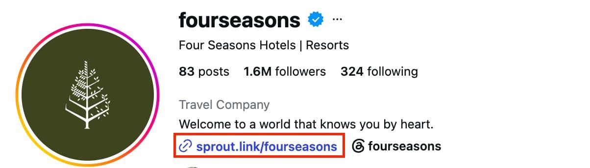 Image 1: Instagram bio for Four Seasons featuring a SproutLink URL