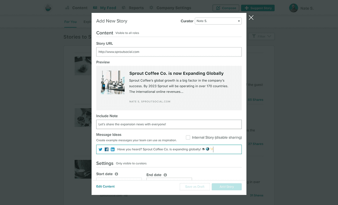 Image 4: A screenshot of Sprout's Employee Advocacy platform that demonstrates how users can curate a new story for their internal team to share.