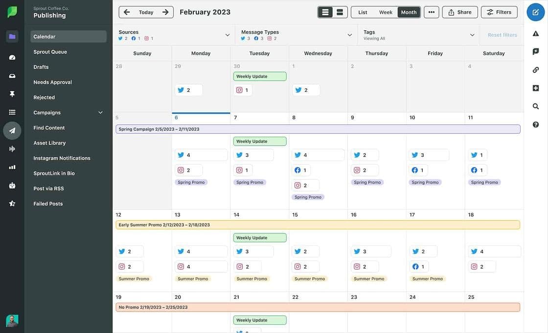 Image 1: Sprout Social publishing dashboard calendar view showing sample campaigns