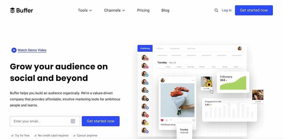 Image 8: Buffer homepage with a preview of the dashboard and text that reads grow your audience on social and beyond