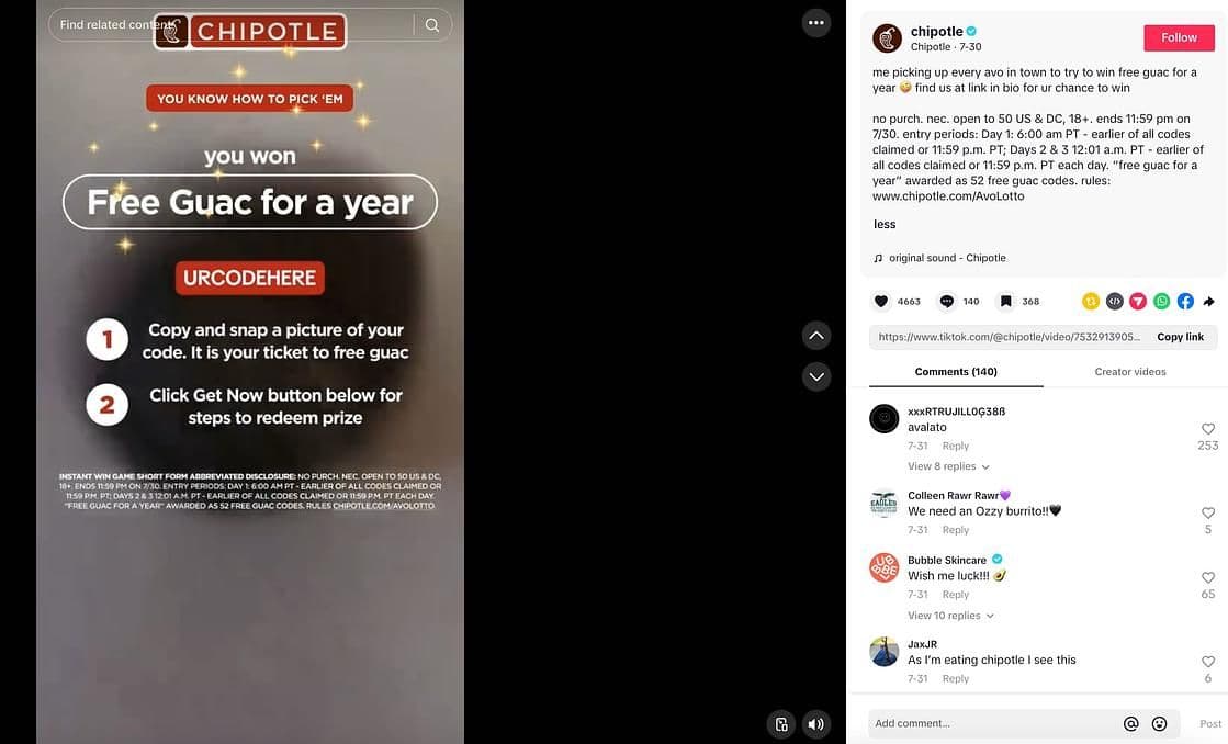 Image 14: Chipotle video showing a screen where a user won free guac for a year and gets instructions on how to use the code and a caption that encourages users to find us at link in bio for ur chance to win