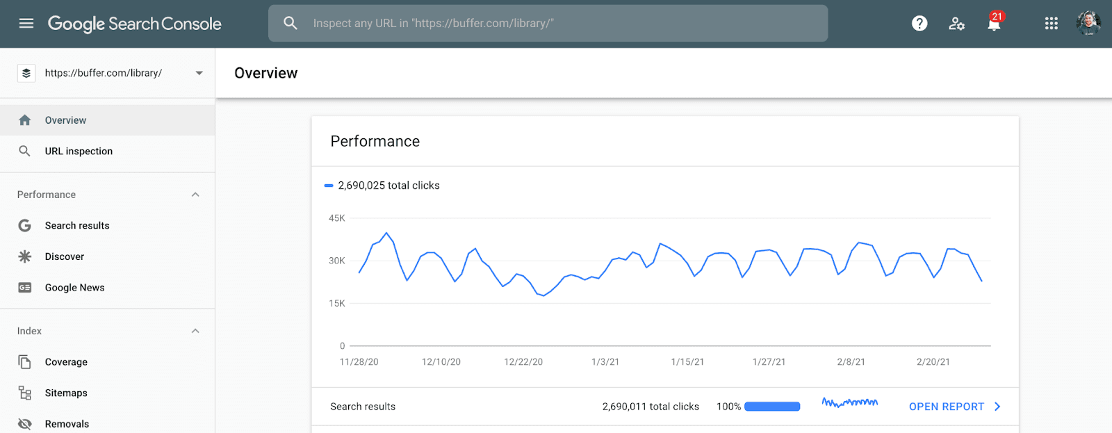 Image 16: ابزار بازاریابی دیجیتال Google Search Console که تحلیل‌های عملکرد وب‌سایت، کلیک‌های کلیدی، نتایج جستجو و روندهای ترافیک را نشان می‌دهد.