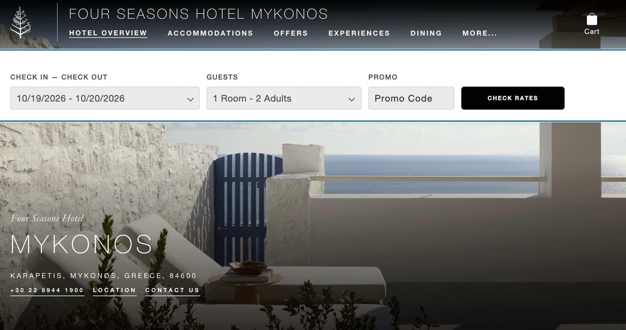 Image 7: booking page for Four Seasons Mykonos showing fields for check in and check out, number of guests and promo code