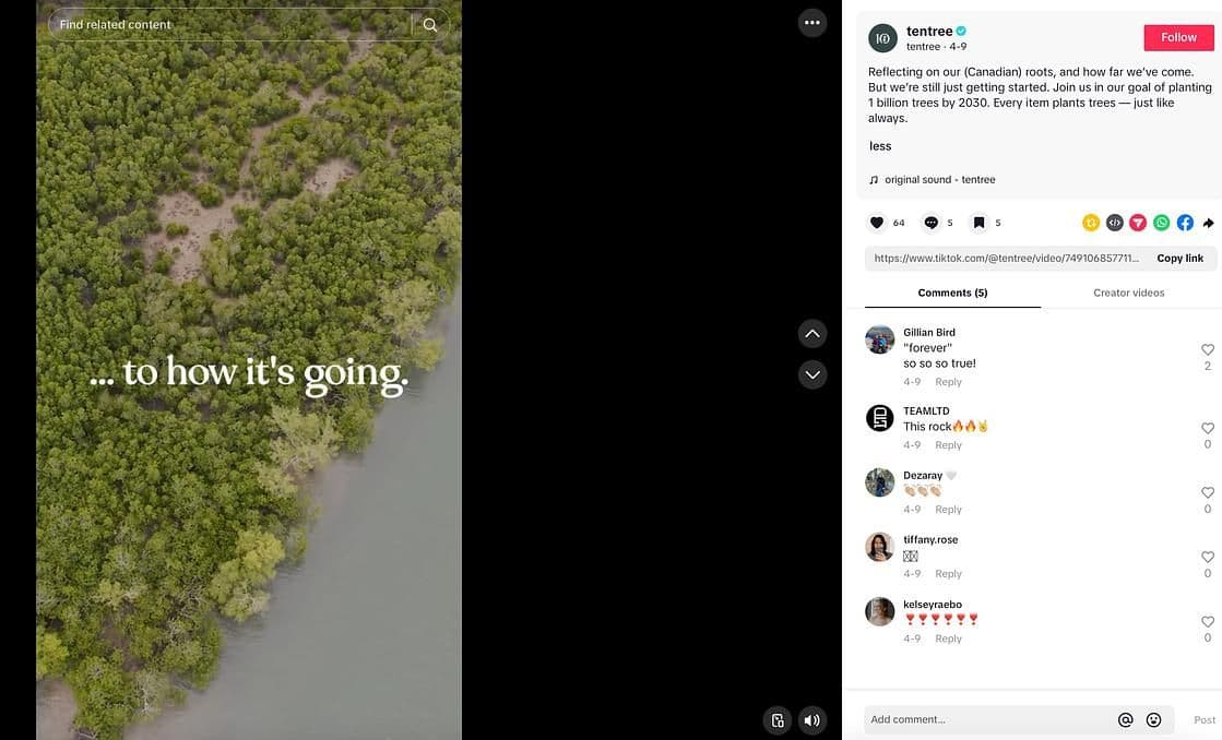 Image 8: tentree TikTok video showing a tree-filled land and text that reads ...to how its going