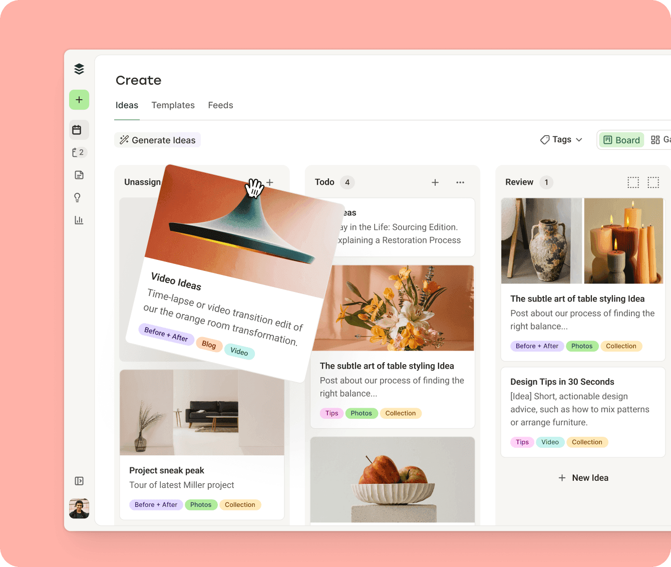 Image 1: Sprout Social alternative Buffer shows its Create space Ideas board with Unassigned, Todo, and Review columns and a Generate Ideas button