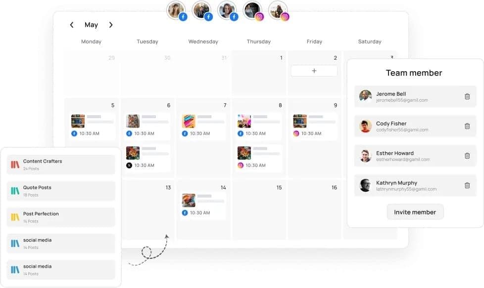 Image 9: Sprout Social alternative RecurPost shows a May content calendar with Facebook, Instagram, and X posts, a content library, and a team member panel