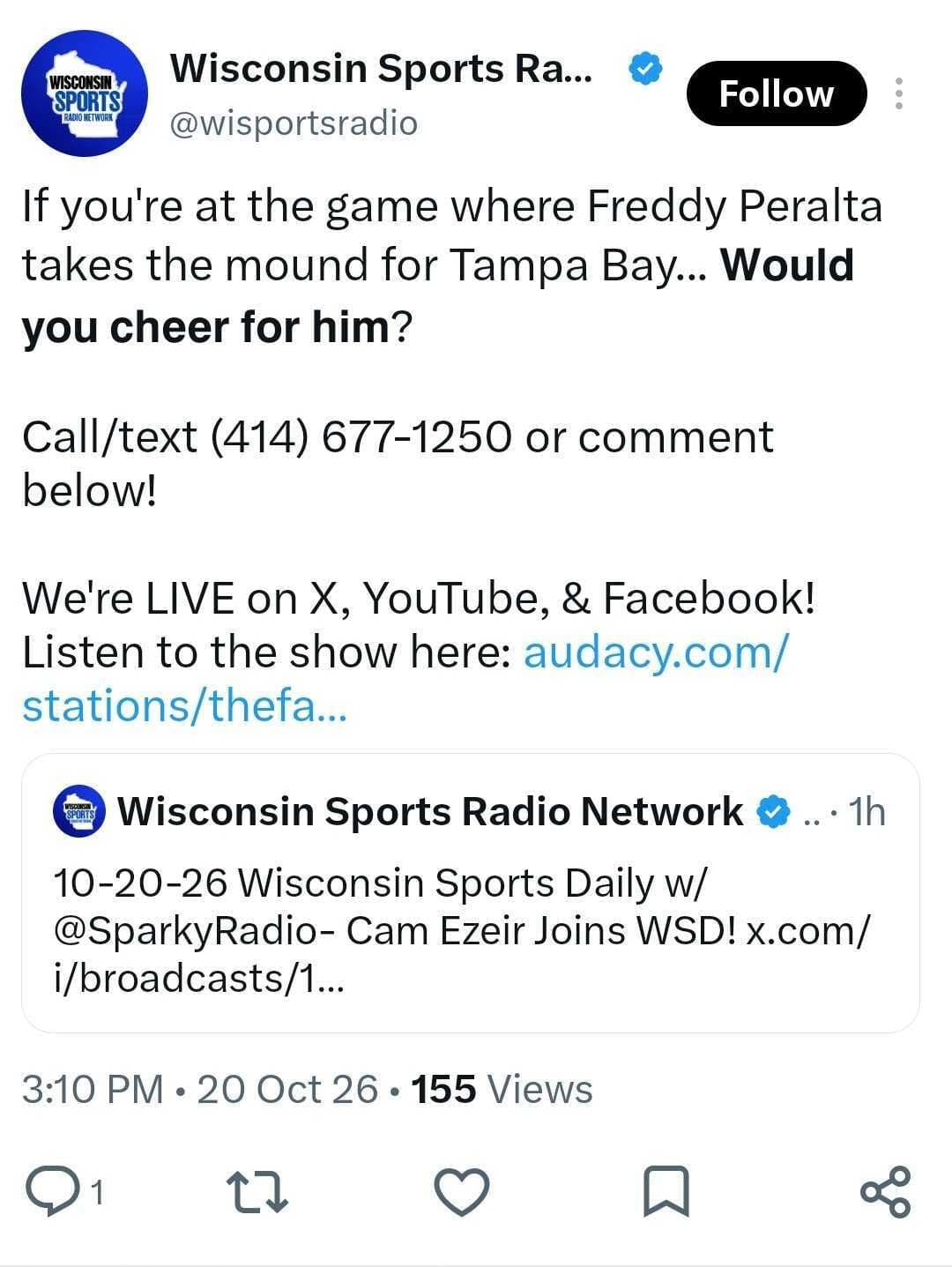 Image 4: Wisconsin Sports Radio using their X profile to promote they're live on X, YouTube and Facebook to talk about the Brewers in the World Series.