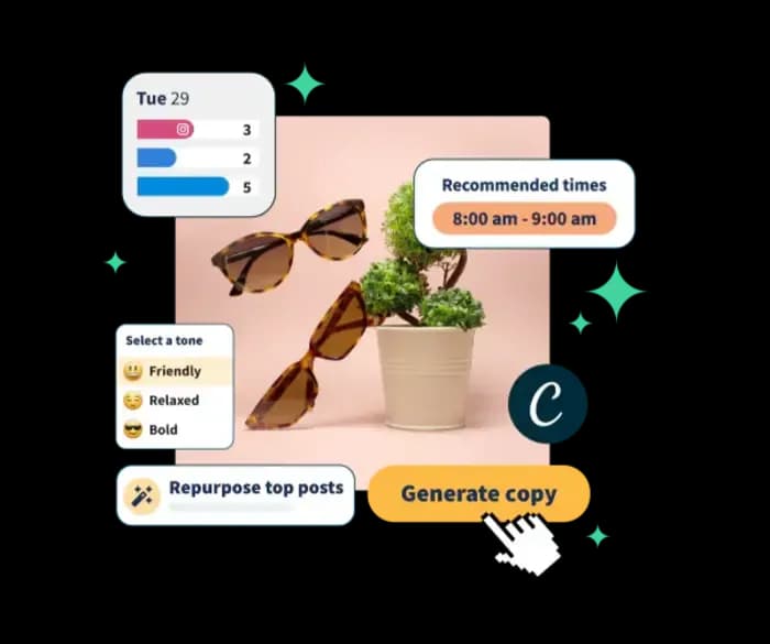 Image 3: Sprout Social alternative Hootsuite is illustrated with post counts, recommended times, a tone selector, and Repurpose and Generate copy buttons