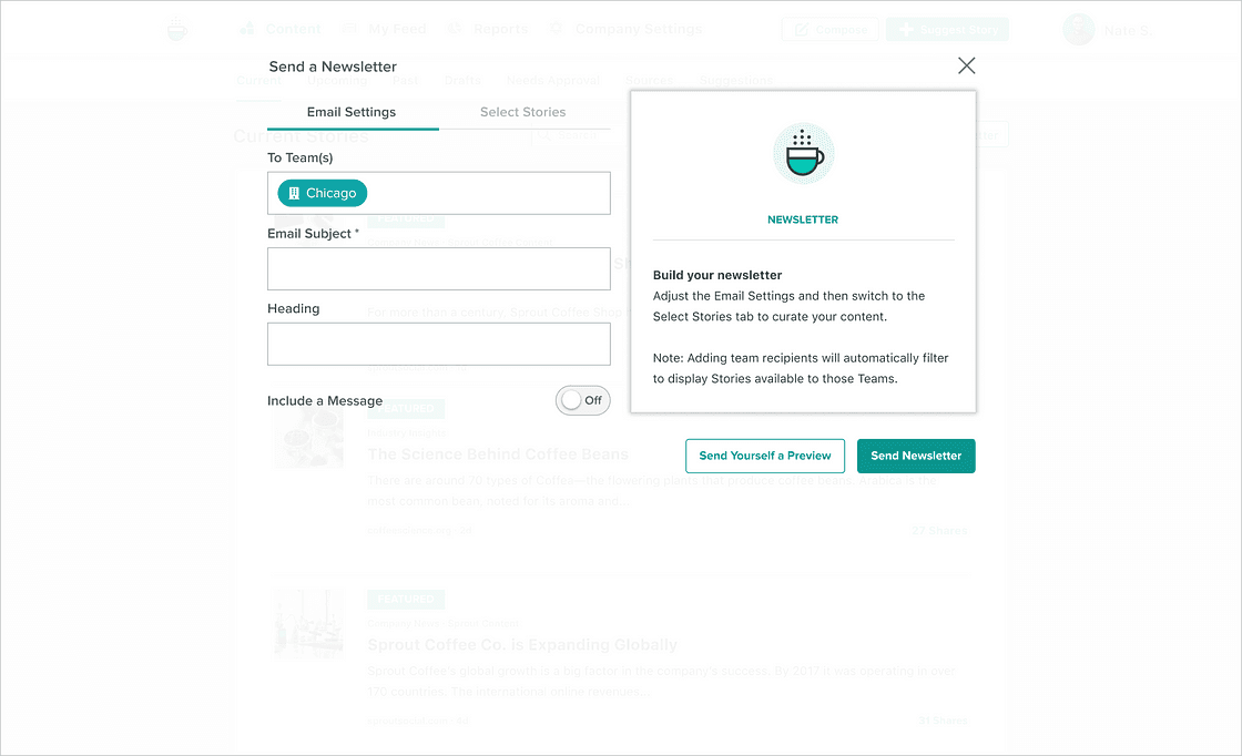 Image 10: A screenshot of Sprout's Advocacy platform Send a Newsletter tool that demonstrates the email settings for sending internal newsletters (teams, subjects, heading and message). 