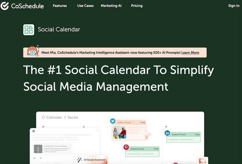 Image 17: CoSchedule social calendar homepage showing a preview of the calendar and text that reads the #1 social calendar to simplify social media management
