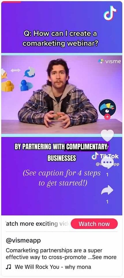 Image 6: Visme TikTok video showing a person speaking to the camera with text overlay that reads See caption for 4 steps to get started