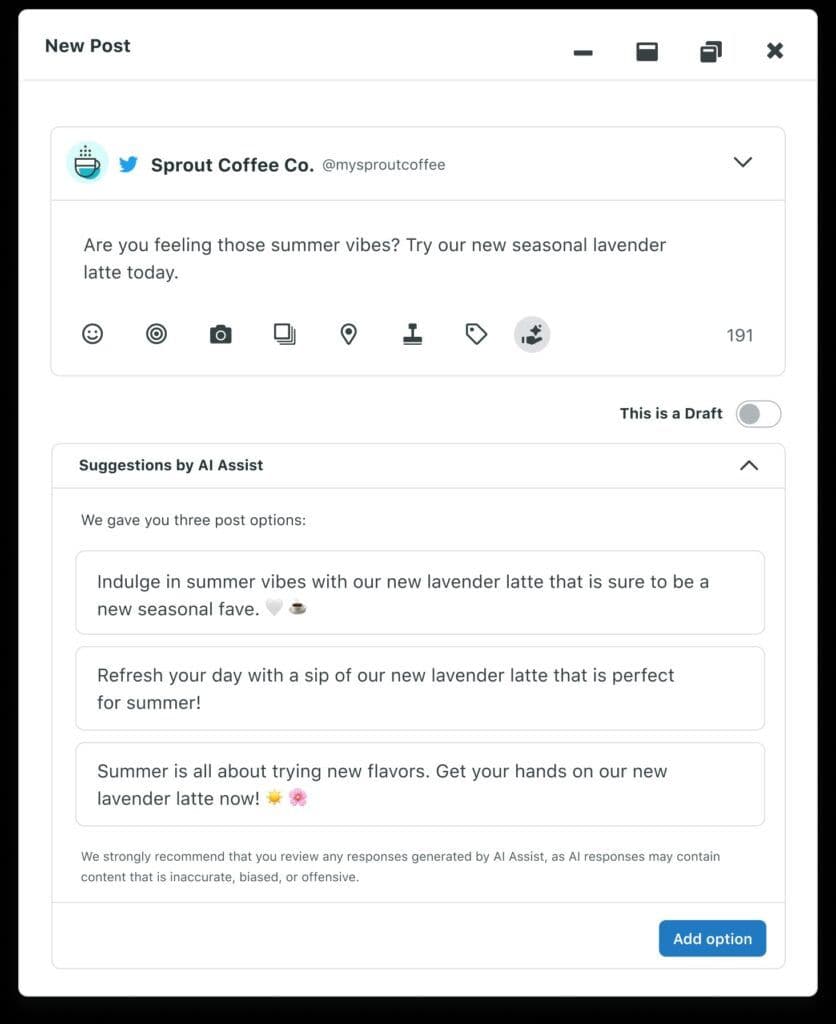 Image 1: Sprout Social’s post composer showing a draft Twitter post and three AI-generated caption suggestions from AI Assist.