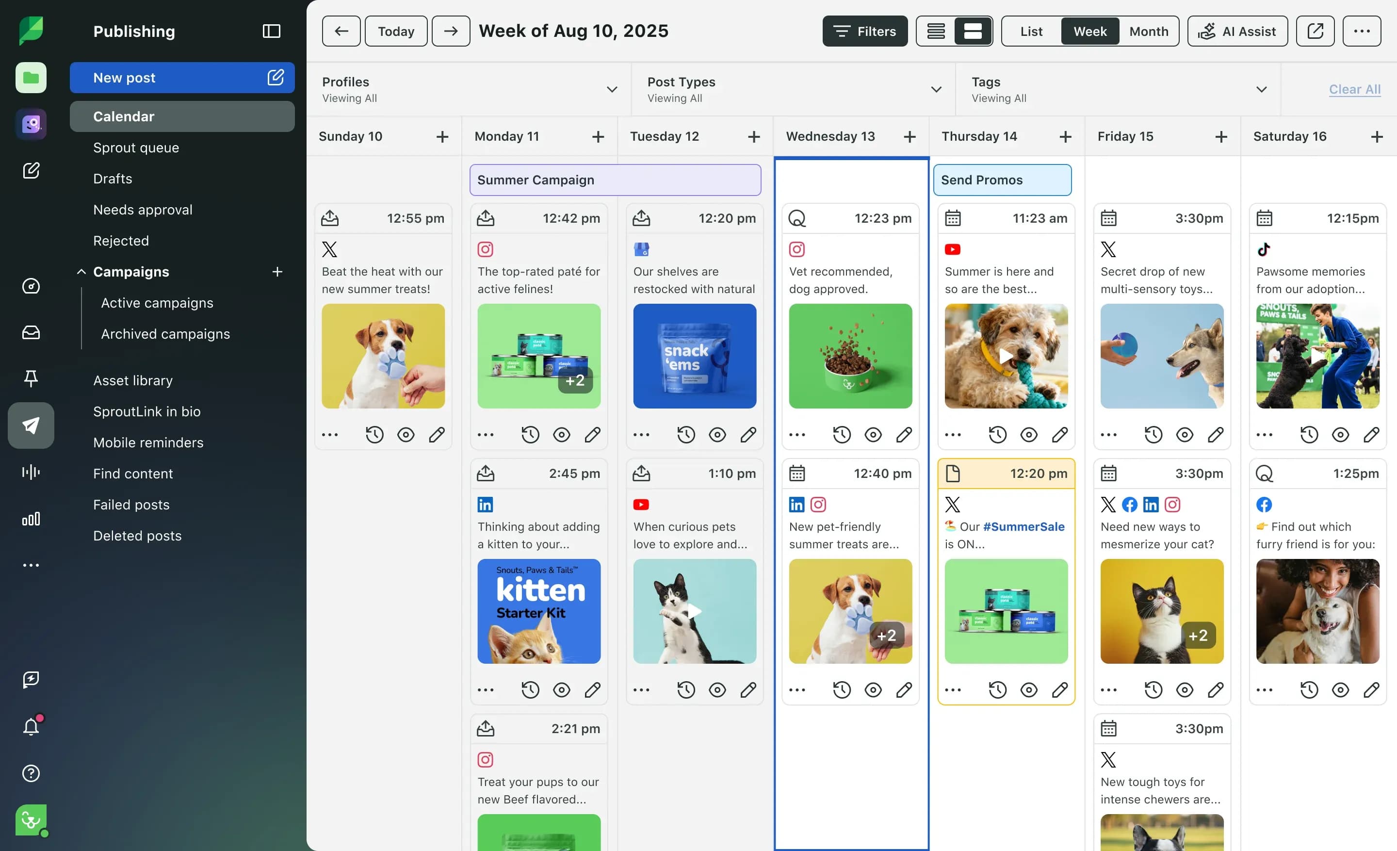 Image 3: Sprout Social's Publishing UI showing all scheduled posts from various social media networks in one calendar