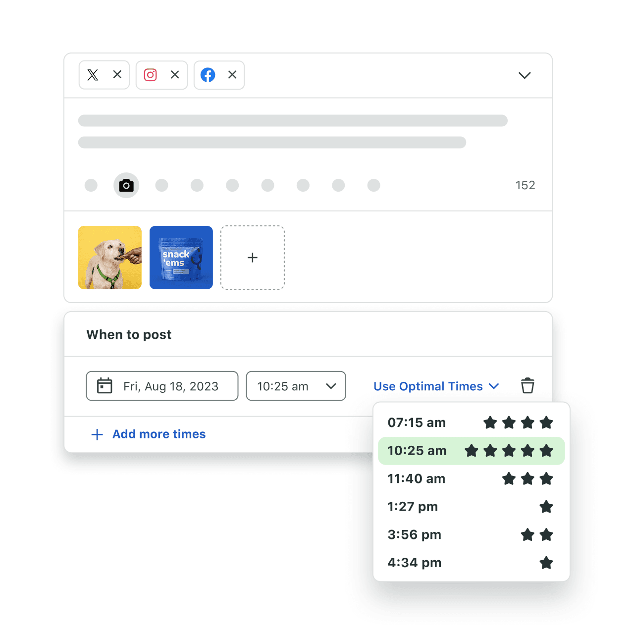 Image 2: A closer look at Sprout’s Optimal Send Times menu lists six different times, each with star ratings that indicate levels of potential engagement.