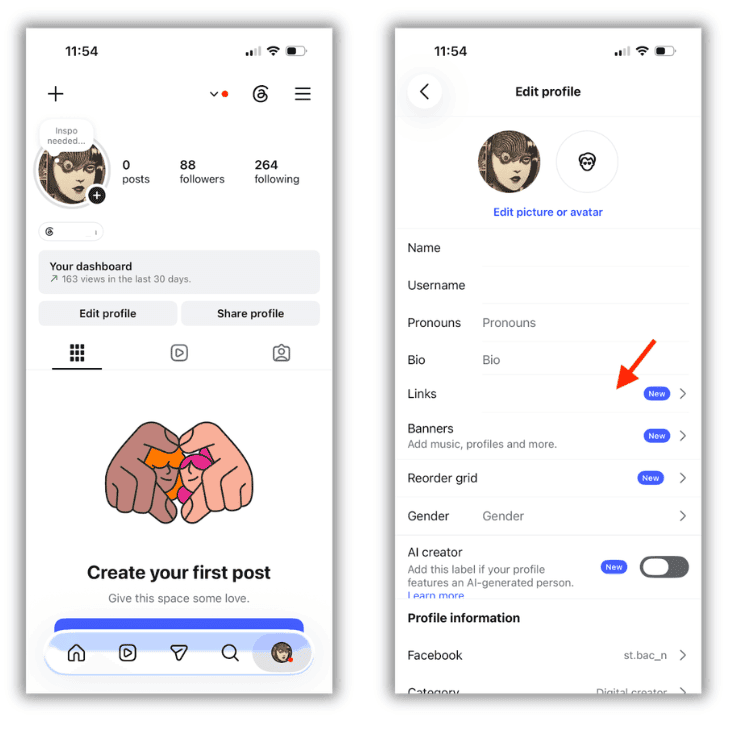 Image 2: Instagram profile showing the edit profile and links buttons