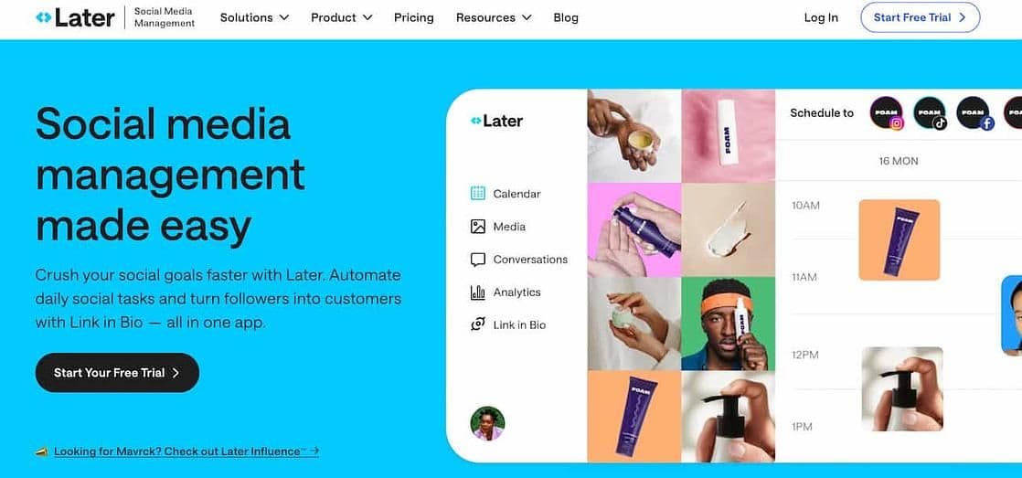 Image 19: Later homepage with a preview of the visual calendar and text that reads social media management made easy
