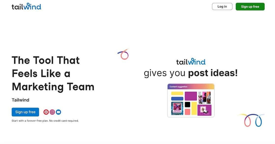 Image 12: Tailwind homepage with two separate headlines that read the tool that feels like a marketing team and tailwind gives you post ideas!