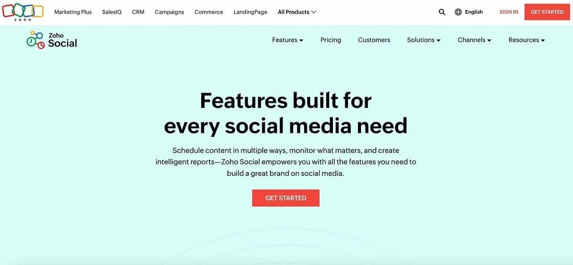 Image 2: zoho social homepage with text that reads features built for every social need