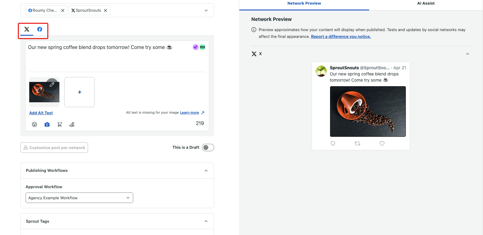 Image 6: The profile picker in Sprout's Compose window lets you choose the social media accounts you want to publish your post to.