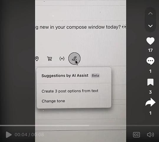 Image 33: TikTok video that shows how Sprout's Suggestions by AI Assist capability helps improve social media posts by instantly generating multiple variations of the post or adjusting its tone.