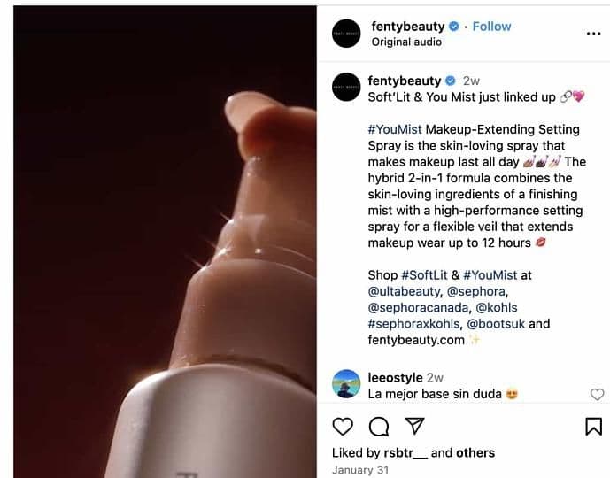 Image 23: A post from Fenty Beauty on Instagram promoting its make-up setting spray using several hashtags