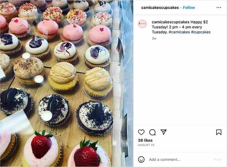 Image 13: Cami Cake's Cupcakes Instagram post featuring an assortment of cupcakes. The caption reads, "Happy $2 Tuesday! 2 p.m. to 4 p.m. every Tuesday. #camicakes #cupcakes."