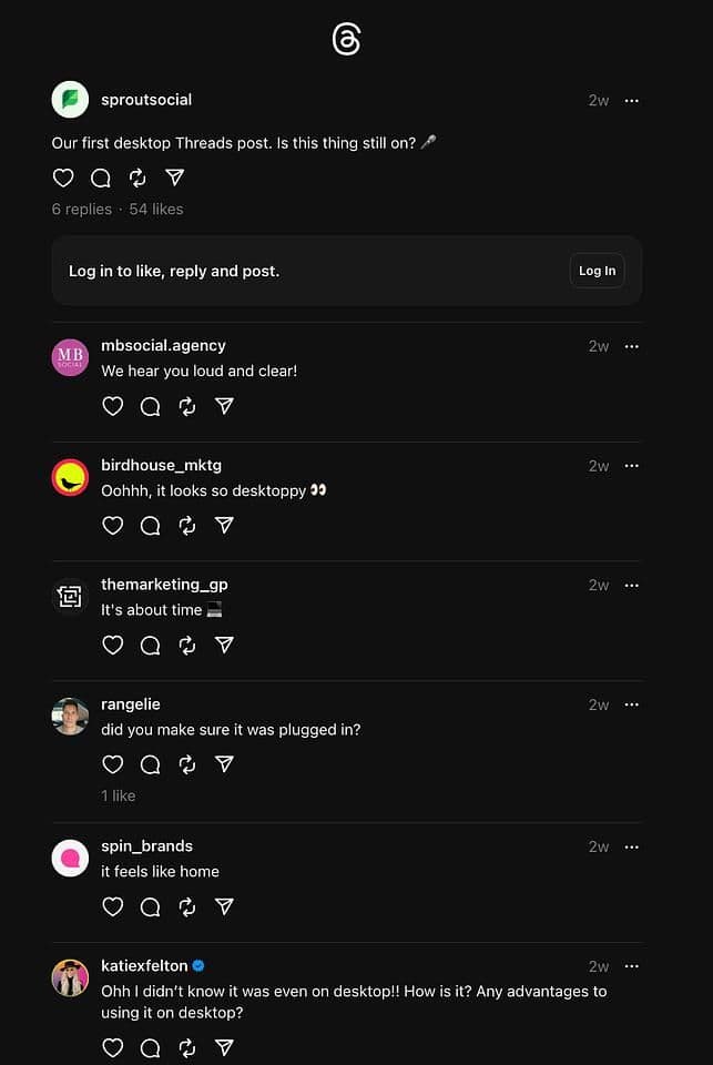 Image 19: A Thread post from Sprout Social that reads, "Our first desktop Threads post. Is this thing still on?"