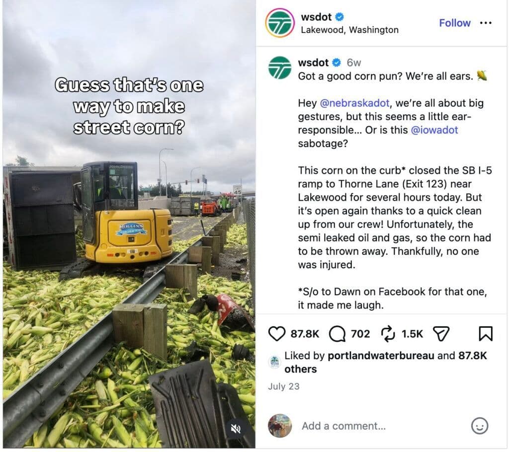Image 7: An image of corn being cleaned up from the road, shared from the Instagram of the Washington State Department of Transportation