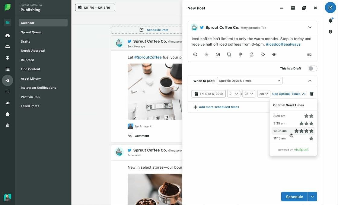 Image 26: Sprout ViralPostae provides personalized best send times.