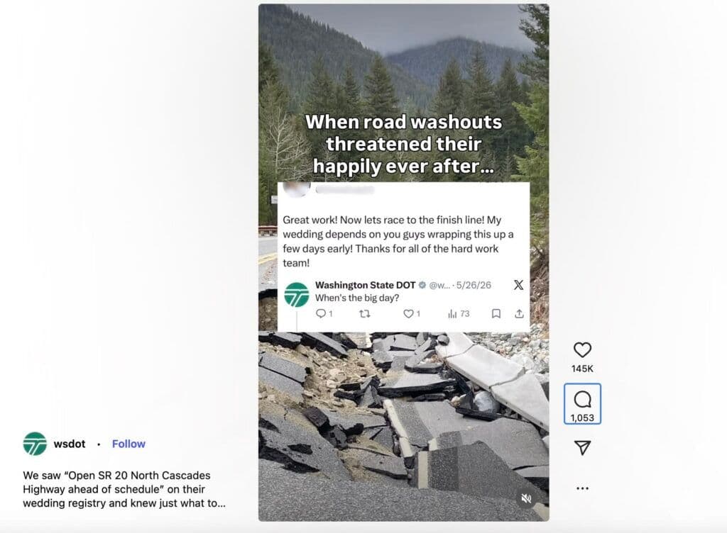 Image 8: An image from the WSDOT Instagram page of them opening the road early for someone's wedding.