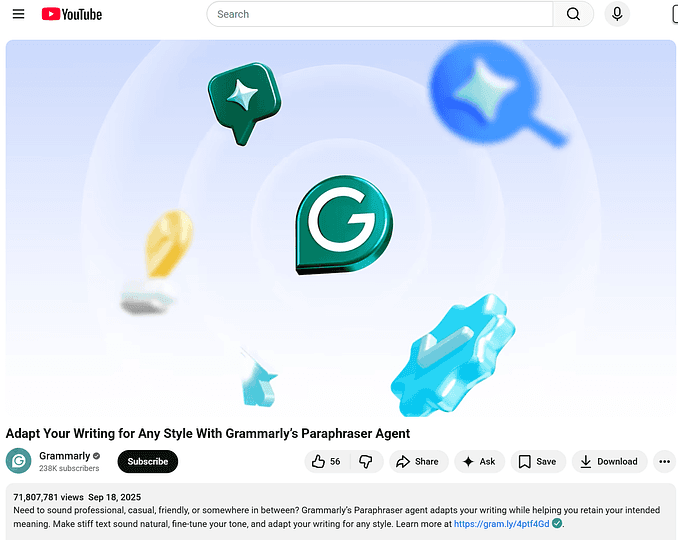 Image 2: A YouTube video from Grammarly with an eye-catching title about its Paraphraser Agent.