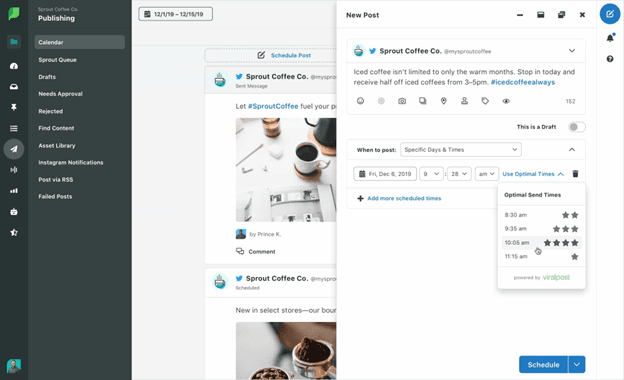 Image 5: A panel for Sprout Coffee Co's new post featuring suggestions for optimal send times