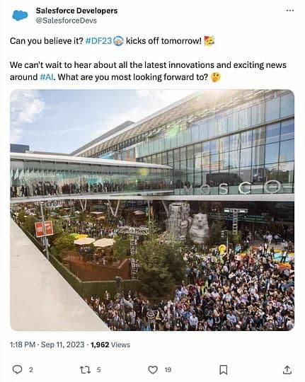 Image 24: A Post from Salesforce Developers about Dreamfroce 2023. The caption asks what attendees are looking for to the most while attending the conference.