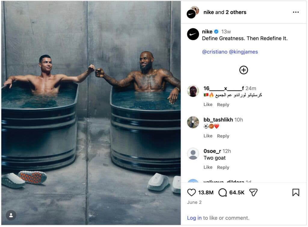 Image 1: A photo from Nike's World Cup campaign featuring Cristiano Ronaldo and Lebron James both in ice baths