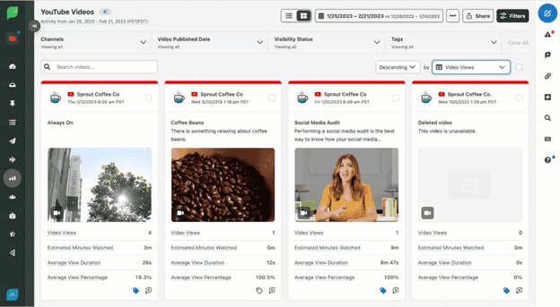 Image 1: Sprout Social's YouTube Analytics, which allow you to filter by views.