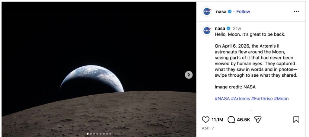 Image 12: An image showing the moonrise from the point of view of Artemis II, as shared by NASA's Instagram page