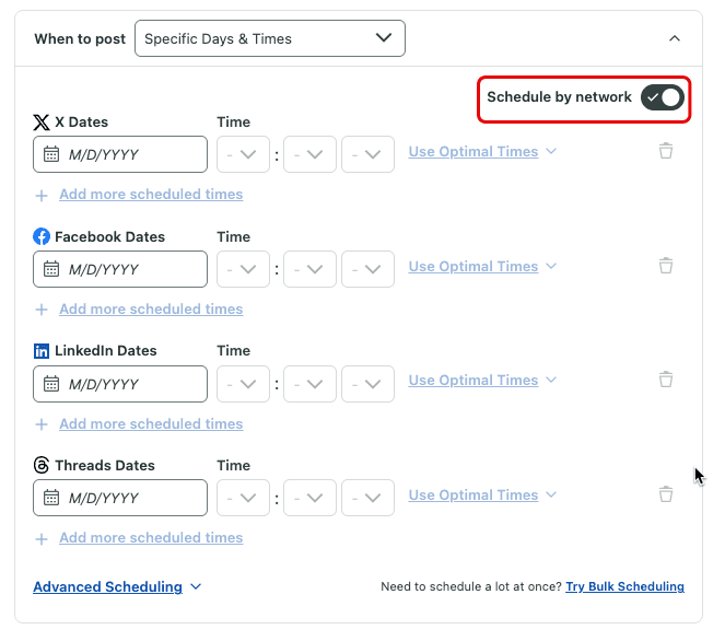 Image 8: Scheduling posts by network in Sprout's Compose window.