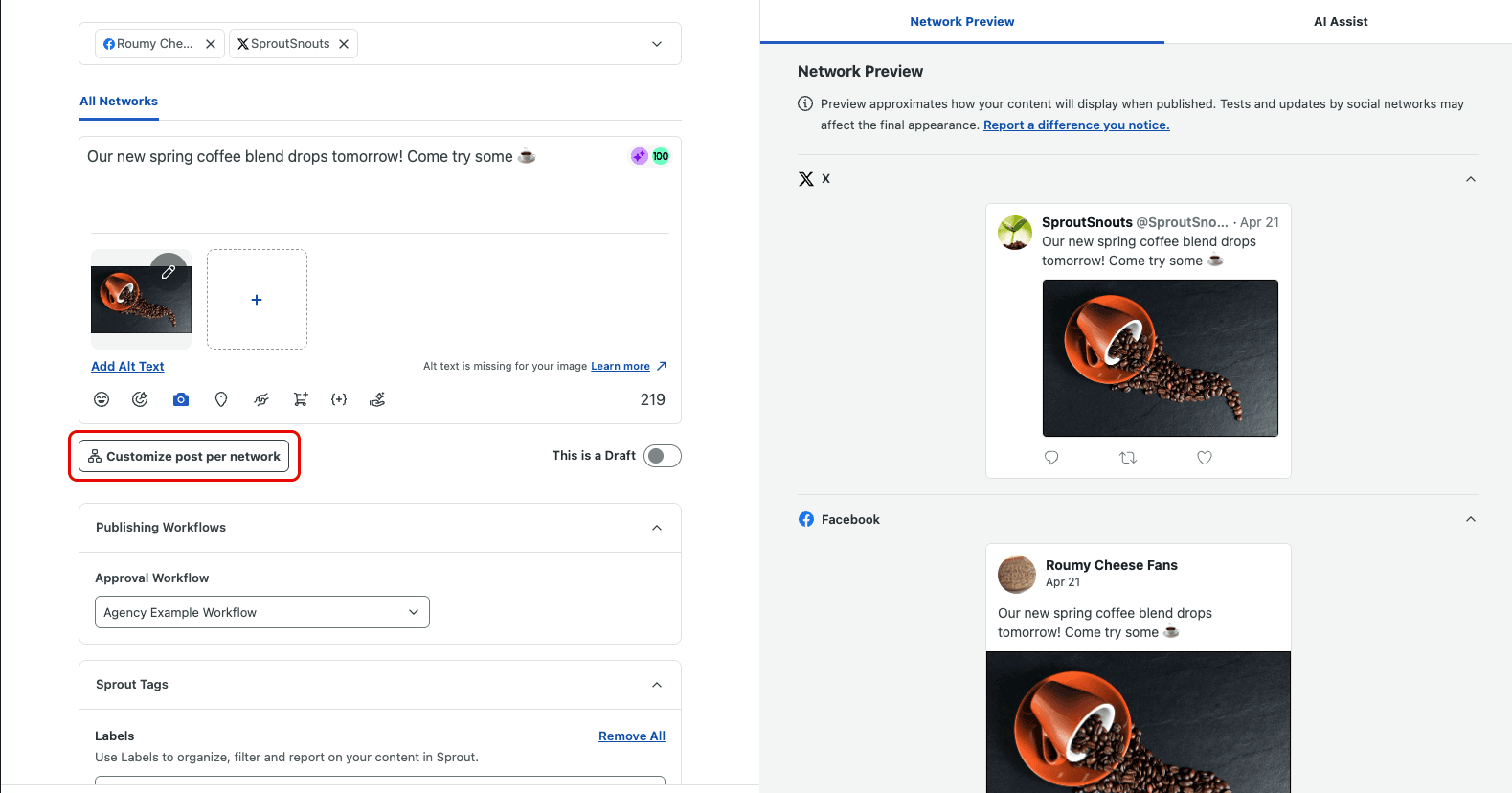 Image 7: The 'Customize post per network' button found in Sprout's Compose window.